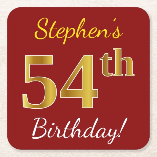 Red, Faux Gold 54th Birthday + aangepaste naam Kartonnen Onderzetters (Voorkant)