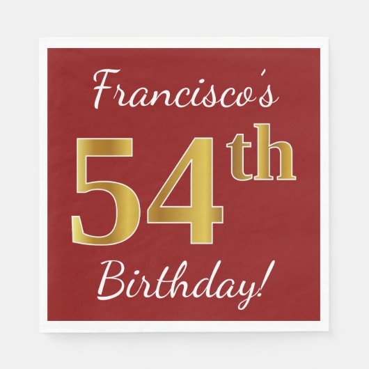 Red, Faux Gold 54th Birthday + aangepaste naam Servet (Voorkant)
