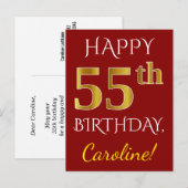 Red, Faux Gold 55th Birthday + aangepaste naam Briefkaart (Voorkant / Achterkant)
