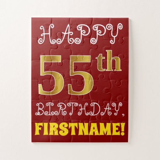 Red, Faux Gold 55th Birthday + Eigen naam Puzzle Legpuzzel (Verticaal)