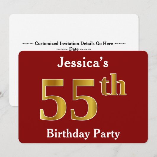 Red, Faux Gold 55th Birthday Party + aangepaste na Kaart (Voorkant / Achterkant)