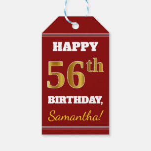 Red, Faux Gold 56th Birthday + aangepaste naam Cadeaulabel
