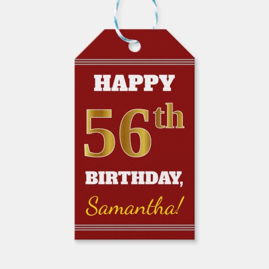 Red, Faux Gold 56th Birthday + aangepaste naam Cadeaulabel (Voorkant)