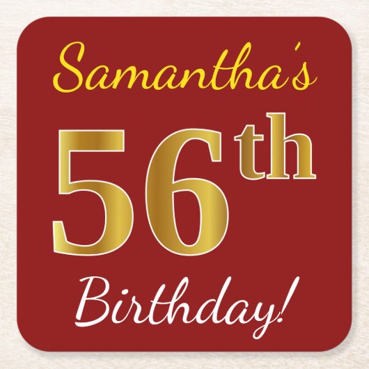 Red, Faux Gold 56th Birthday + aangepaste naam Kartonnen Onderzetters (Voorkant)