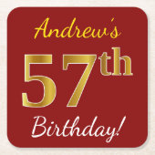 Red, Faux Gold 57th Birthday + aangepaste naam Kartonnen Onderzetters (Voorkant)