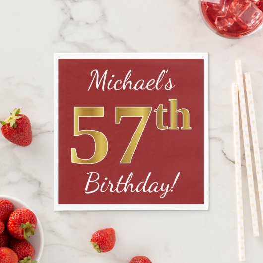 Red, Faux Gold 57th Birthday + aangepaste naam Servet (Insitu)