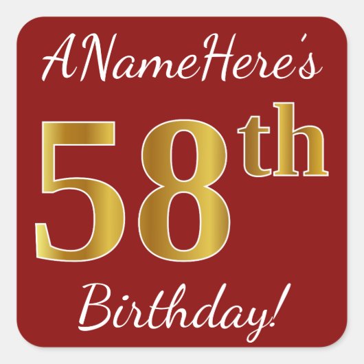 Red, Faux Gold 58th Birthday + Sticker voor aangep (Voorkant)