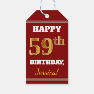 Red, Faux Gold 59th Birthday + aangepaste naam Cadeaulabel