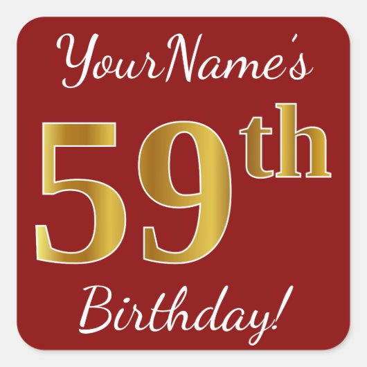 Red, Faux Gold 59th Birthday + Sticker voor aangep (Voorkant)