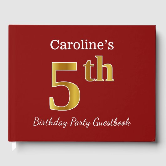 Red, Faux Gold 5th Birthday Party + aangepaste naa Gastenboek (Voorkant)