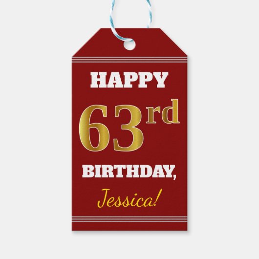 Red, Faux Gold 63rd Birthday + aangepaste naam Cadeaulabel (Voorkant)