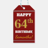 Red, Faux Gold 64th Birthday + aangepaste naam Cadeaulabel (Voorkant)