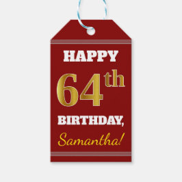 Red, Faux Gold 64th Birthday + aangepaste naam Cadeaulabel