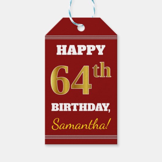 Red, Faux Gold 64th Birthday + aangepaste naam Cadeaulabel (Voorkant)