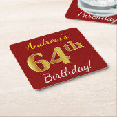 Red, Faux Gold 64th Birthday + aangepaste naam Kartonnen Onderzetters (Schuin)