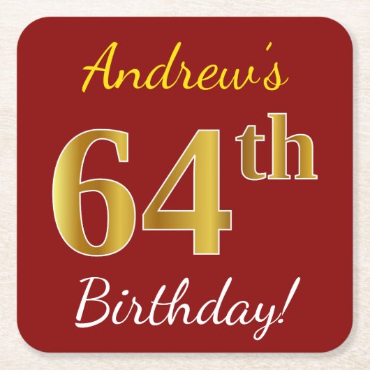 Red, Faux Gold 64th Birthday + aangepaste naam Kartonnen Onderzetters (Voorkant)