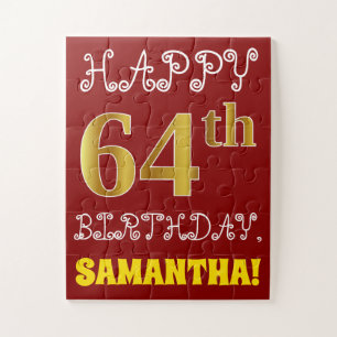 Red, Faux Gold 64th Birthday + Eigen naam Puzzle Legpuzzel