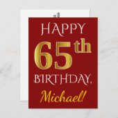 Red, Faux Gold 65th Birthday + aangepaste naam Briefkaart (Voorkant / Achterkant)