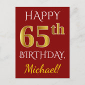 Red, Faux Gold 65th Birthday + aangepaste naam Briefkaart (Voorkant)