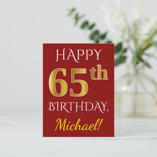 Red, Faux Gold 65th Birthday + aangepaste naam Briefkaart (Staand voorkant)