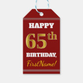 Red, Faux Gold 65th Birthday + aangepaste naam Cadeaulabel (Voorkant)