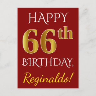 Red, Faux Gold 66th Birthday + aangepaste naam Briefkaart