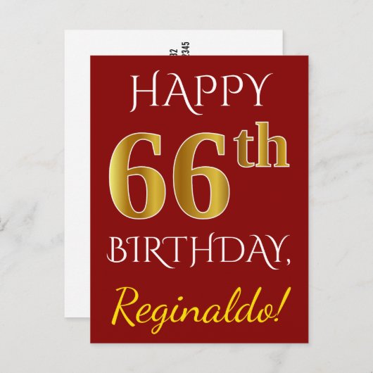 Red, Faux Gold 66th Birthday + aangepaste naam Briefkaart (Voorkant / Achterkant)