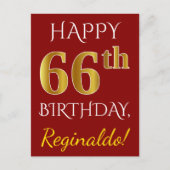 Red, Faux Gold 66th Birthday + aangepaste naam Briefkaart (Voorkant)