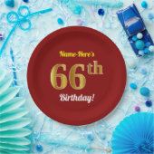 Red, Faux Gold 66th Birthday + aangepaste naam Papieren Bordje (Feest)