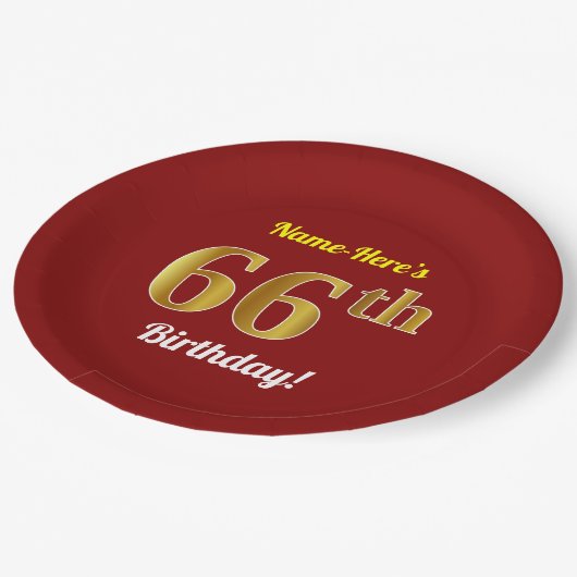 Red, Faux Gold 66th Birthday + aangepaste naam Papieren Bordje (Gekanteld)