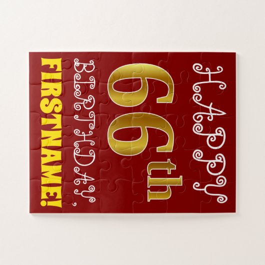 Red, Faux Gold 66th Birthday + Eigen naam Puzzle Legpuzzel (Horizontaal)
