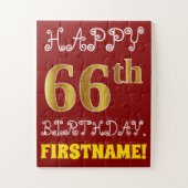 Red, Faux Gold 66th Birthday + Eigen naam Puzzle Legpuzzel (Verticaal)