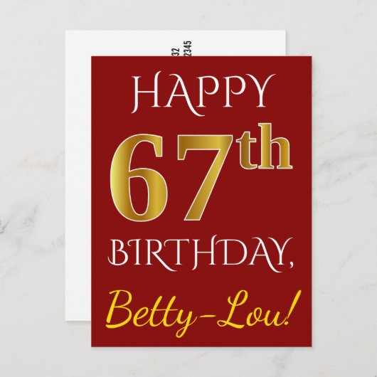 Red, Faux Gold 67th Birthday + aangepaste naam Briefkaart (Voorkant / Achterkant)