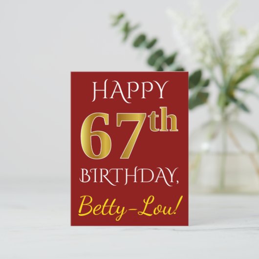 Red, Faux Gold 67th Birthday + aangepaste naam Briefkaart (Staand voorkant)