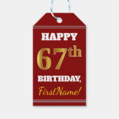 Red, Faux Gold 67th Birthday + aangepaste naam Cadeaulabel (Voorkant)