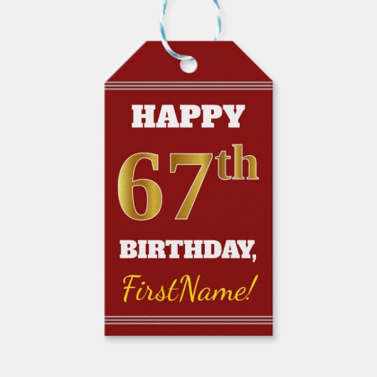 Red, Faux Gold 67th Birthday + aangepaste naam Cadeaulabel (Voorkant)