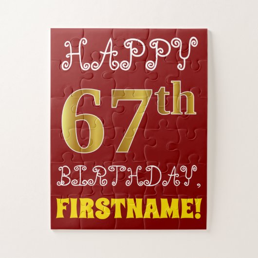 Red, Faux Gold 67th Birthday + Eigen naam Puzzle Legpuzzel (Verticaal)