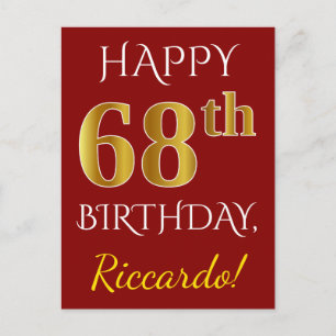 Red, Faux Gold 68th Birthday + aangepaste naam Briefkaart
