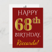Red, Faux Gold 68th Birthday + aangepaste naam Briefkaart (Voorkant / Achterkant)