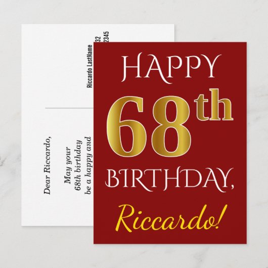 Red, Faux Gold 68th Birthday + aangepaste naam Briefkaart (Voorkant / Achterkant)