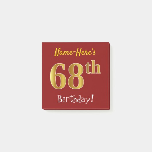 Red, Faux Gold 68th Birthday, met aangepaste naam Post-it® Notes (Voorkant)
