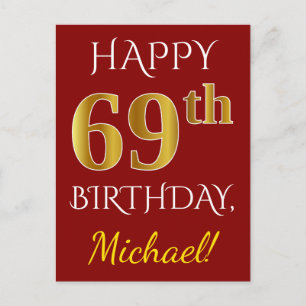 Red, Faux Gold 69th Birthday + aangepaste naam Briefkaart