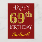 Red, Faux Gold 69th Birthday + aangepaste naam Briefkaart (Voorkant)