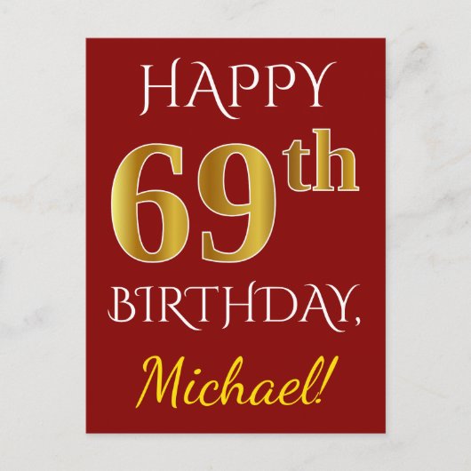 Red, Faux Gold 69th Birthday + aangepaste naam Briefkaart (Voorkant)