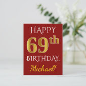 Red, Faux Gold 69th Birthday + aangepaste naam Briefkaart (Staand voorkant)