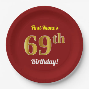 Red, Faux Gold 69th Birthday + aangepaste naam Papieren Bordje