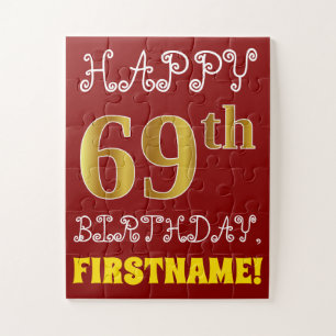 Red, Faux Gold 69th Birthday + Eigen naam Puzzle Legpuzzel