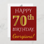 Red, Faux Gold 70th Birthday + aangepaste naam Briefkaart (Voorkant / Achterkant)