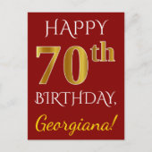Red, Faux Gold 70th Birthday + aangepaste naam Briefkaart (Voorkant)