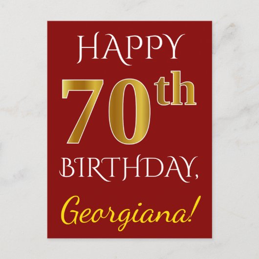 Red, Faux Gold 70th Birthday + aangepaste naam Briefkaart (Voorkant)